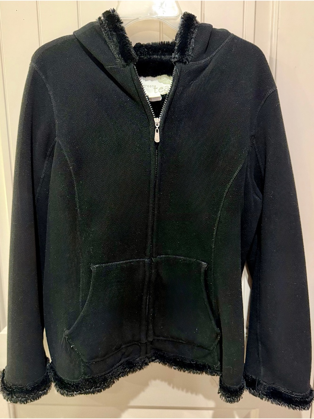 GreenTea Black Hooded Zip Fleece/Velour Jacket with Faux-Fur Trim